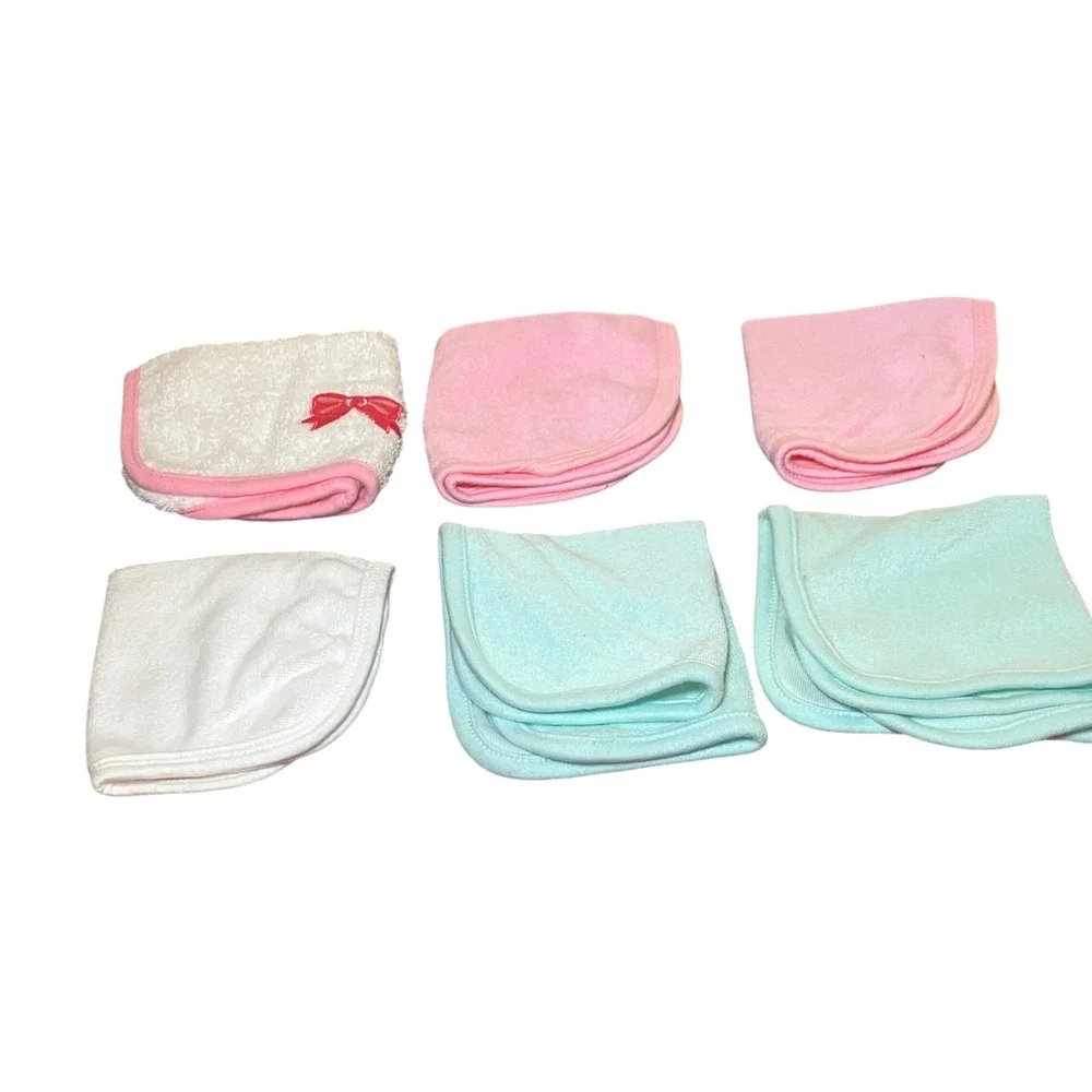 Gerber Nuby Baby Washcloths Set 6 Pink White Mint Green Good Bow Embroidery